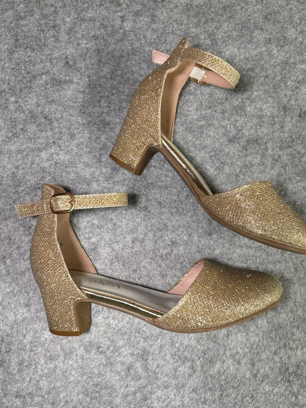 Gold Glitter Ankle-Strap Block Heel Pumps